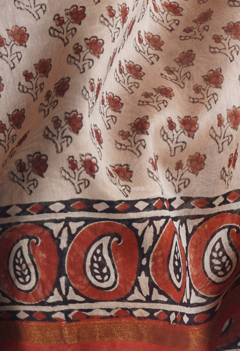 Online Shopping for Cream Pure Preet Bagru Chanderi Sico Saree with Bagru from Madhya Pradesh at Unnatisilks.com India
