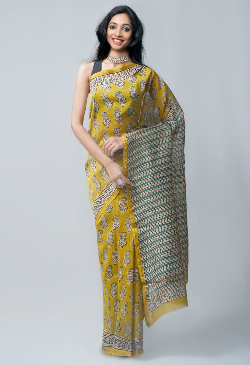 Yellow Pure Preet Bagru Chanderi Sico Saree