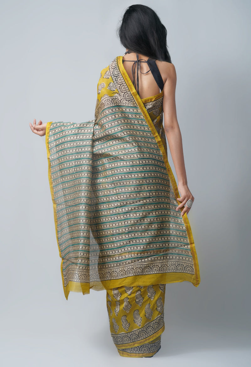 Online Shopping for Yellow Pure Preet Bagru Chanderi Sico Saree with Bagru from Madhya Pradesh at Unnatisilks.com India
