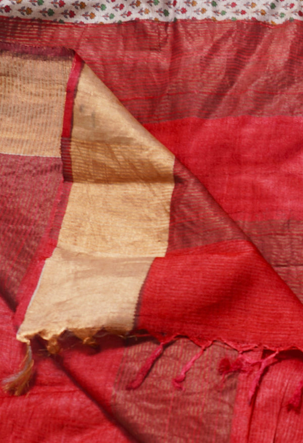 Cream Pure Handloom Bengal Tussar  Silk Saree