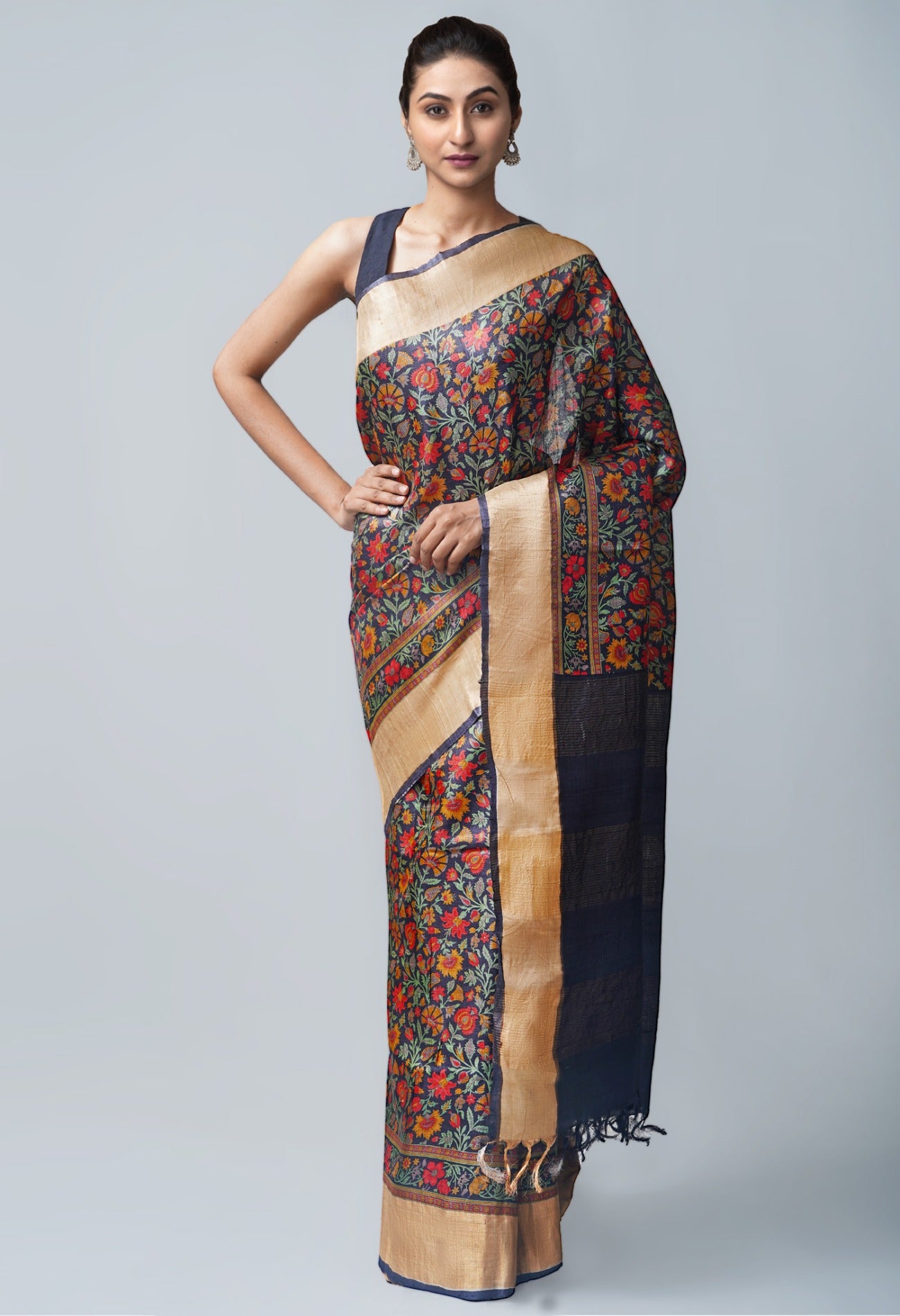 Online Shopping for Black Pure Handloom Bengal Tussar  Silk Saree with Embroidery from Chhattisgarh at Unnatisilks.com India
