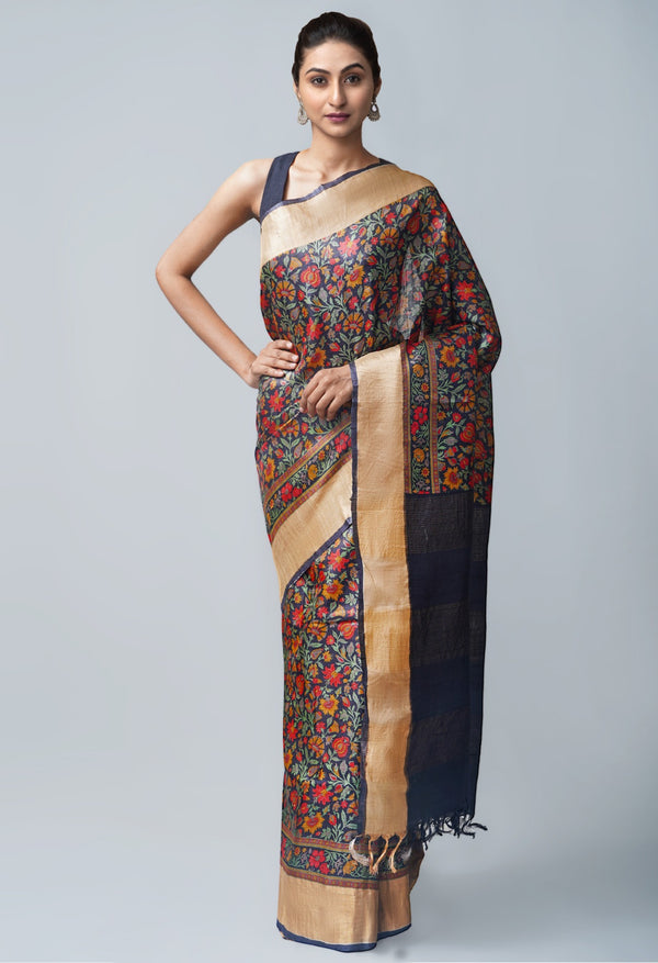 Online Shopping for Black Pure Handloom Bengal Tussar  Silk Saree with Embroidery from Chhattisgarh at Unnatisilks.com India
