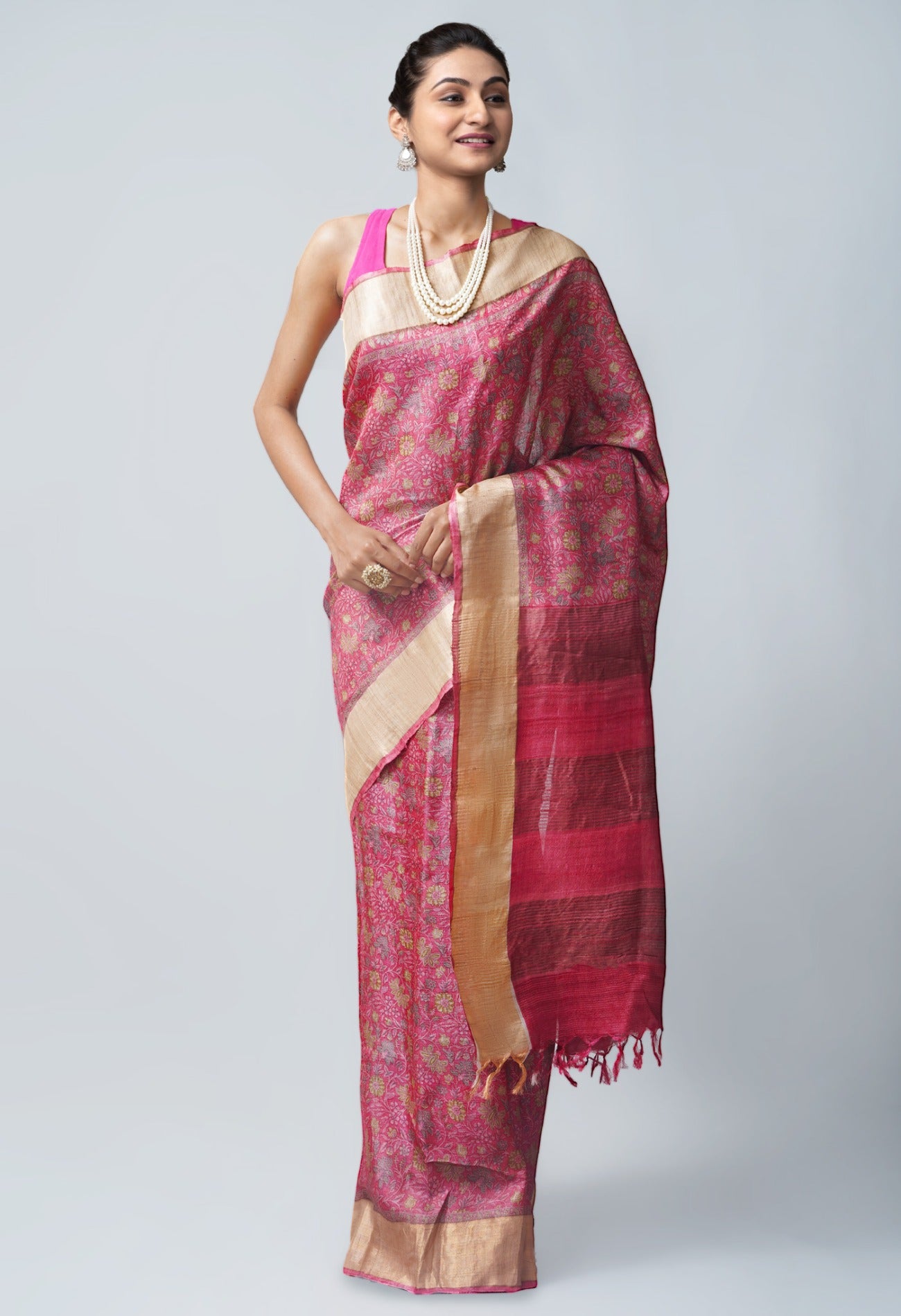 Online Shopping for Pink Pure Handloom Bengal Tussar  Silk Saree with Embroidery from Chhattisgarh at Unnatisilks.com India
