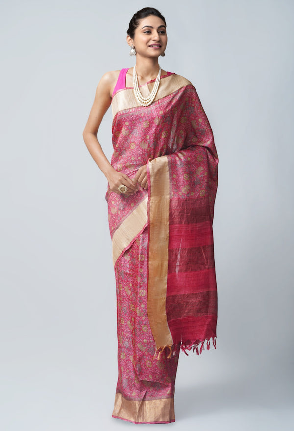 Online Shopping for Pink Pure Handloom Bengal Tussar  Silk Saree with Embroidery from Chhattisgarh at Unnatisilks.com India
