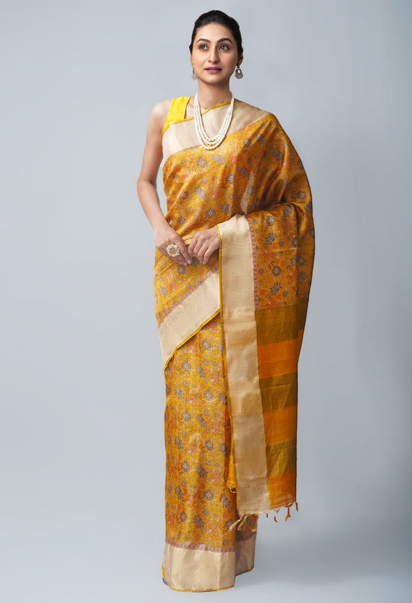 Online Shopping for Yellow Pure Handloom Bengal Tussar  Silk Saree with Embroidery from Chhattisgarh at Unnatisilks.com India
