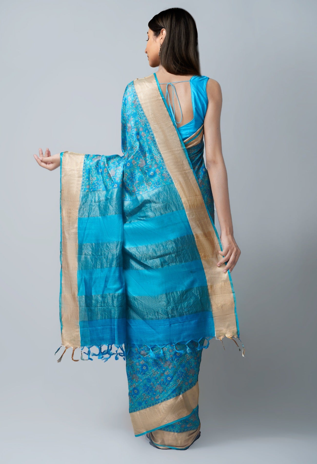 Online Shopping for Blue Pure Handloom Bengal Tussar  Silk Saree with Embroidery from Chhattisgarh at Unnatisilks.com India
