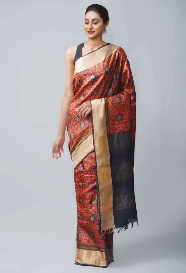 Online Shopping for Red Pure Handloom Bengal Tussar  Silk Saree with Embroidery from Chhattisgarh at Unnatisilks.com India
