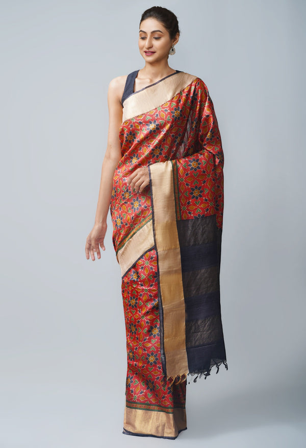 Online Shopping for Red Pure Handloom Bengal Tussar  Silk Saree with Embroidery from Chhattisgarh at Unnatisilks.com India
