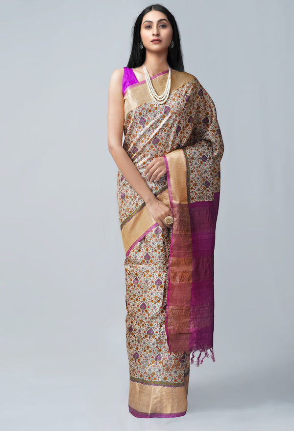 Online Shopping for Cream Pure Handloom Bengal Tussar  Silk Saree with Embroidery from Chhattisgarh at Unnatisilks.com India
