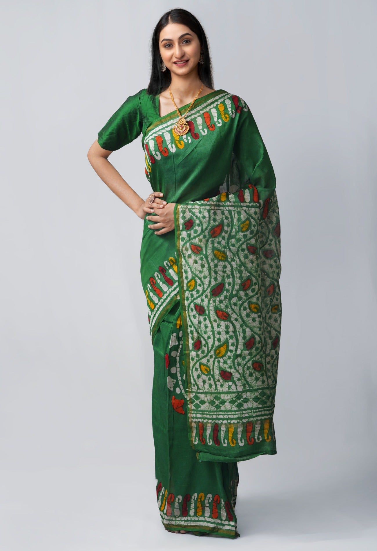 Online Shopping for Green Pure Batik Chanderi Sico Saree with Batik from Madhya Pradesh at Unnatisilks.com India
