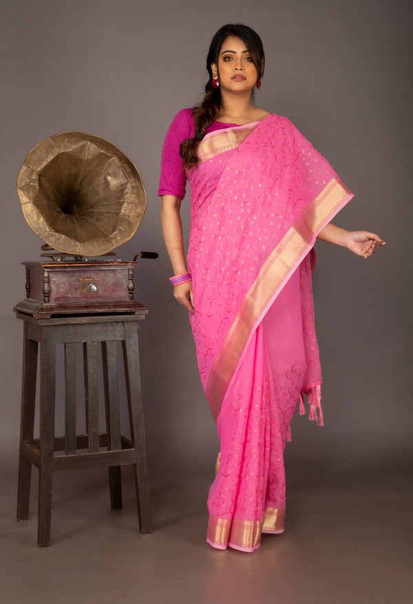 Online Shopping for Pink Pure Embroidery Chanderi  Sico Saree with Embroidery from Madhya Pradesh at Unnatisilks.com India