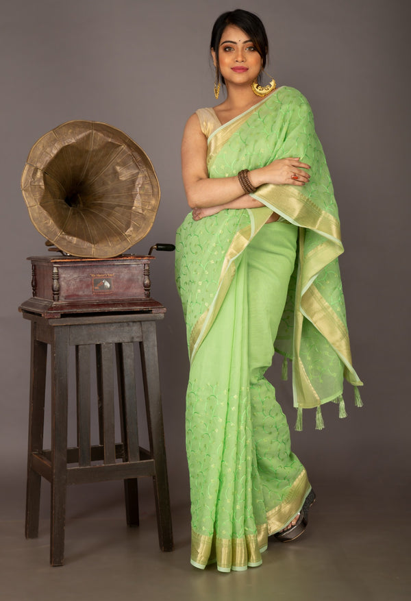 Online Shopping for Green Pure Embroidery Chanderi  Sico Saree with Embroidery from Madhya Pradesh at Unnatisilks.com India