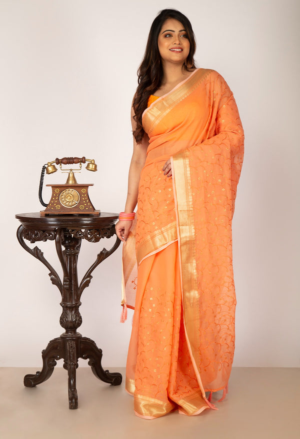 Online Shopping for Orange Pure Embroidery Chanderi  Sico Saree with Embroidery from Madhya Pradesh at Unnatisilks.com India
