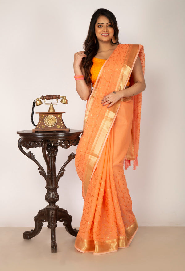 Online Shopping for Orange Pure Embroidery Chanderi  Sico Saree with Embroidery from Madhya Pradesh at Unnatisilks.com India

