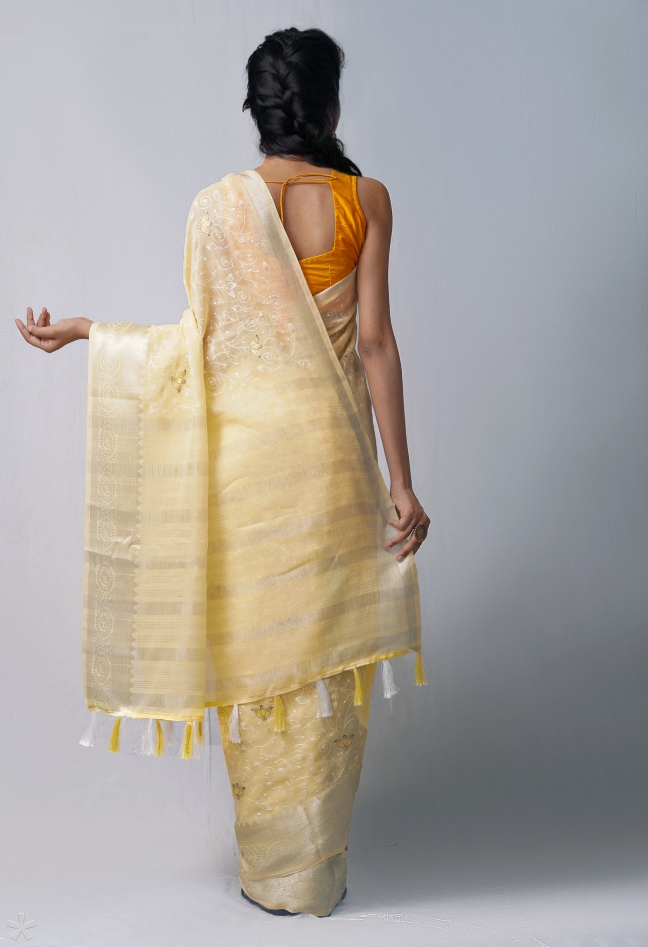 Online Shopping for Yellow Pure Embroidery  Linen Saree with Hand Block Prints from West Bengal at Unnatisilks.com India
