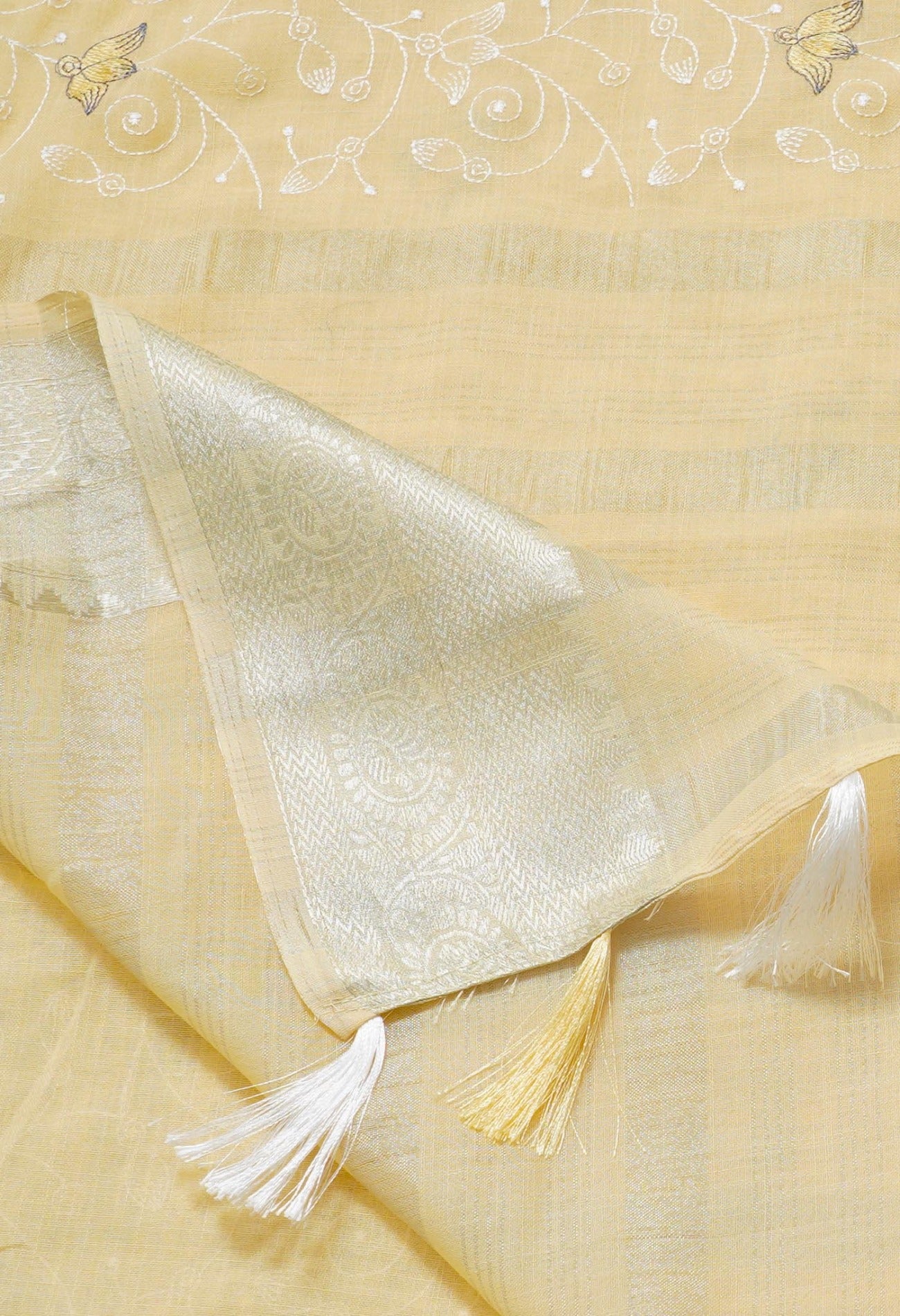 Yellow Pure Embroidery Linen Saree