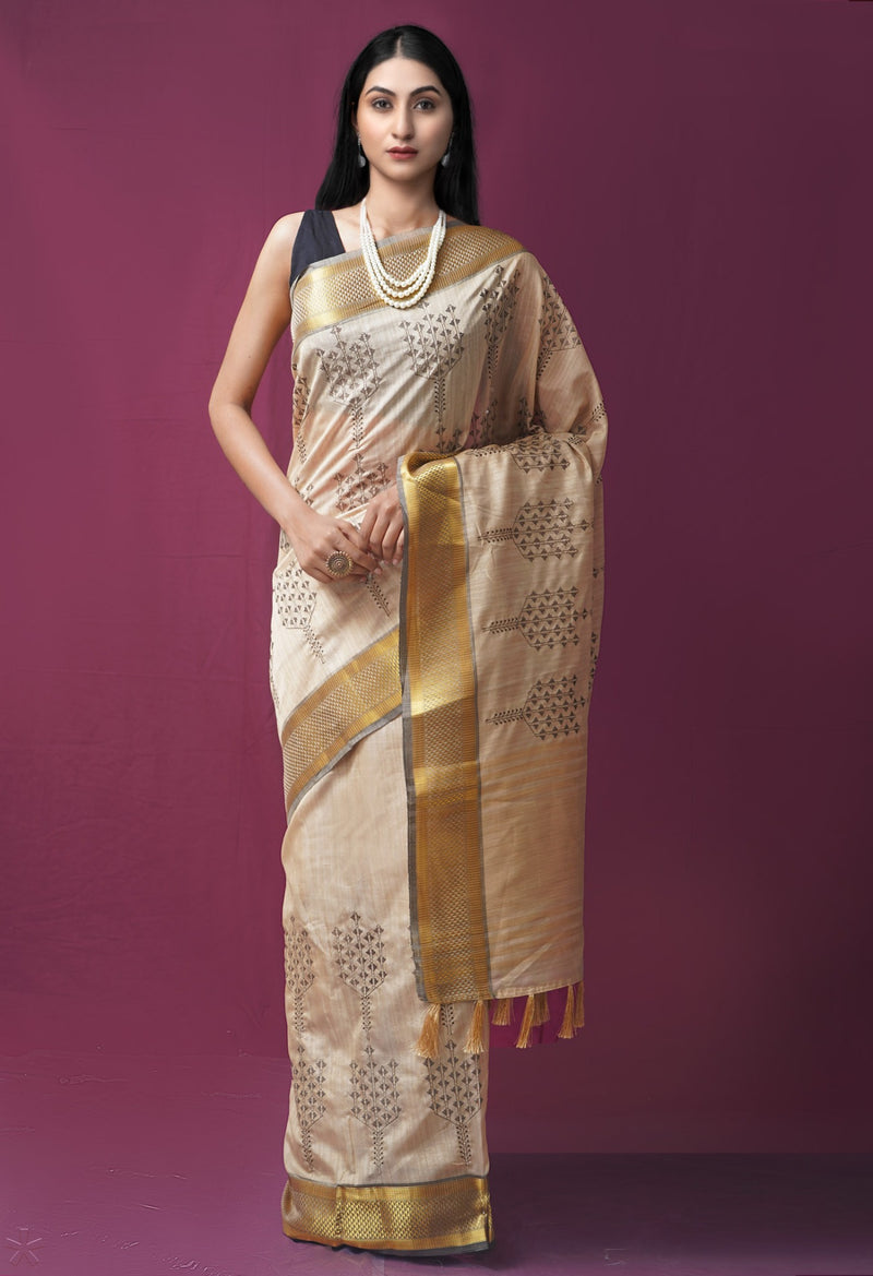Online Shopping for Brown  Maheshwari Jute Sico Saree with Cross Stitched Embroidery with Embroidery from Madhya Pradesh at Unnatisilks.com India
