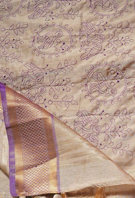 Brown  Maheshwari Jute Sico Saree with Cross Stitched Embroidery-UNM63412