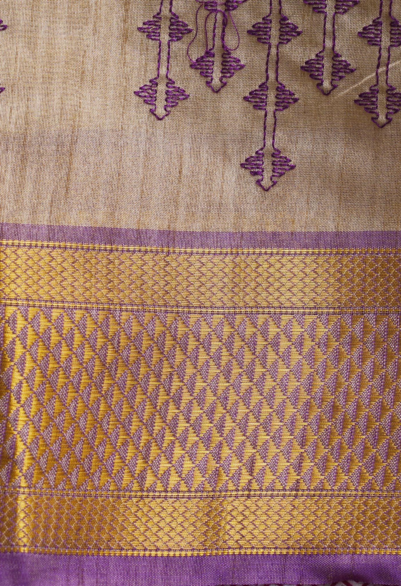 Brown  Maheshwari Jute Sico Saree with Cross Stitched Embroidery-UNM63414