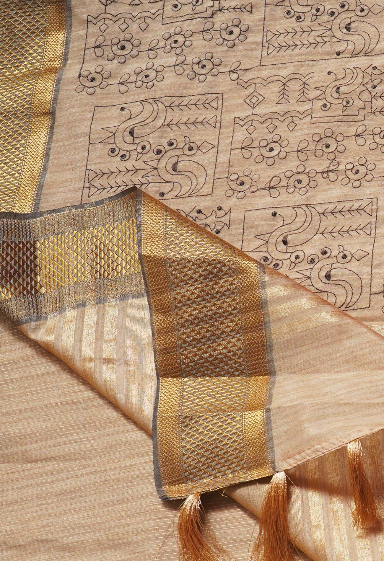 Brown Maheshwari Jute Sico Saree with Cross Stitched Embroidery