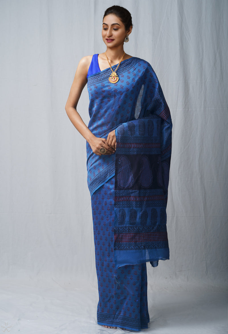 Blue Pure Bagh Chanderi Cotton Saree-UNM63424
