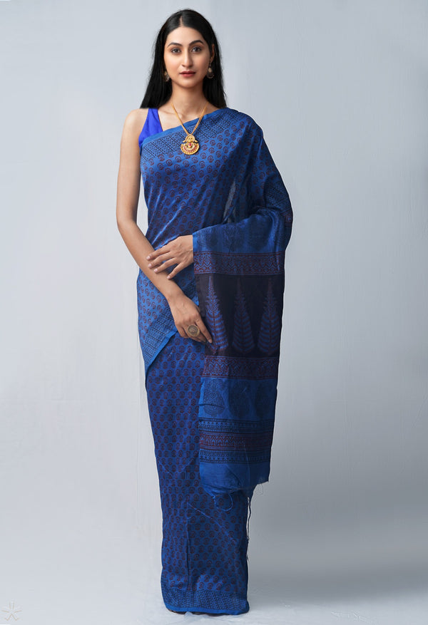 Blue Pure Bagh Chanderi Cotton Saree-UNM63431