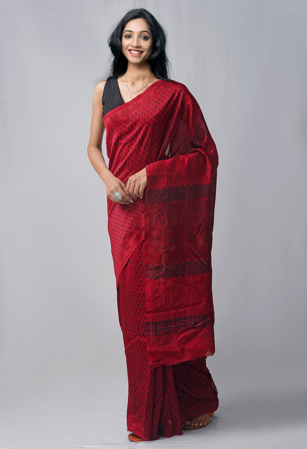 Online Shopping for Red Pure Bagh Chanderi Cotton Saree with Bagh from Madhya Pradesh at Unnatisilks.com India
