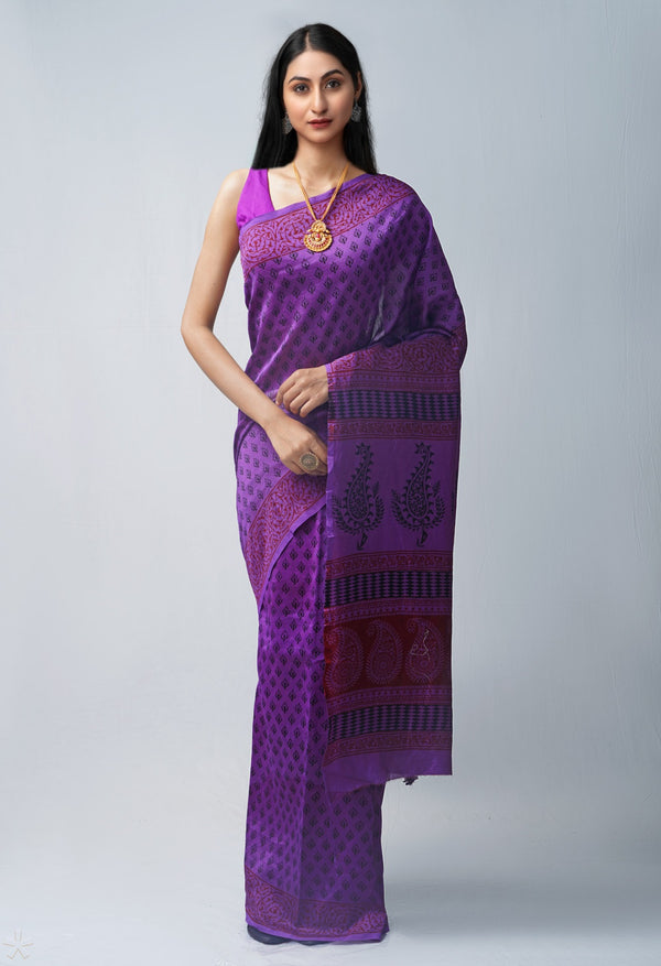 Online Shopping for Violet Pure Bagh Chanderi Cotton Saree with Bagh from Madhya Pradesh at Unnatisilks.com India
