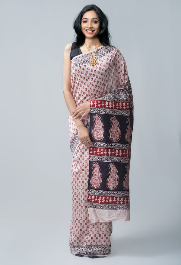 Online Shopping for CreamRed Pure Bagh Chanderi Cotton Saree with Bagh from Madhya Pradesh at Unnatisilks.com India
