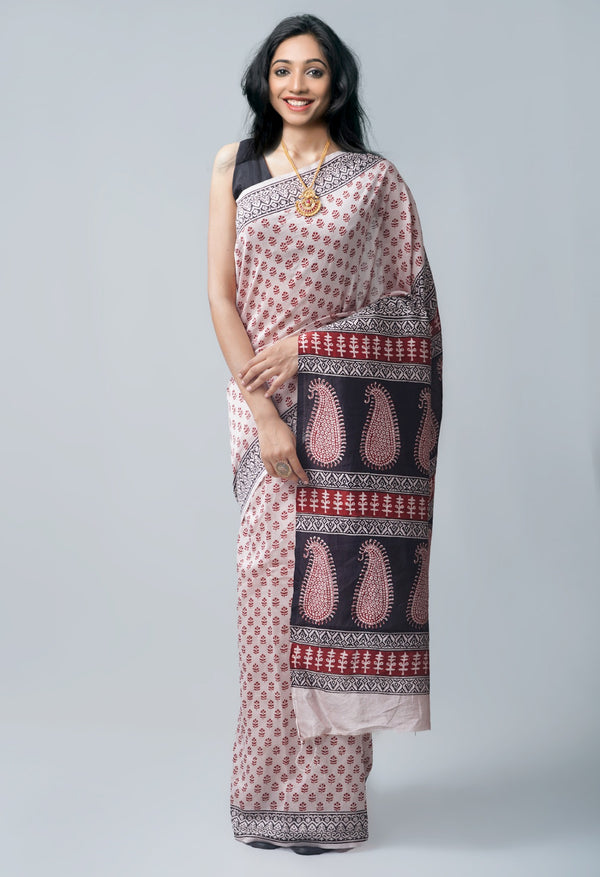 Online Shopping for CreamRed Pure Bagh Chanderi Cotton Saree with Bagh from Madhya Pradesh at Unnatisilks.com India
