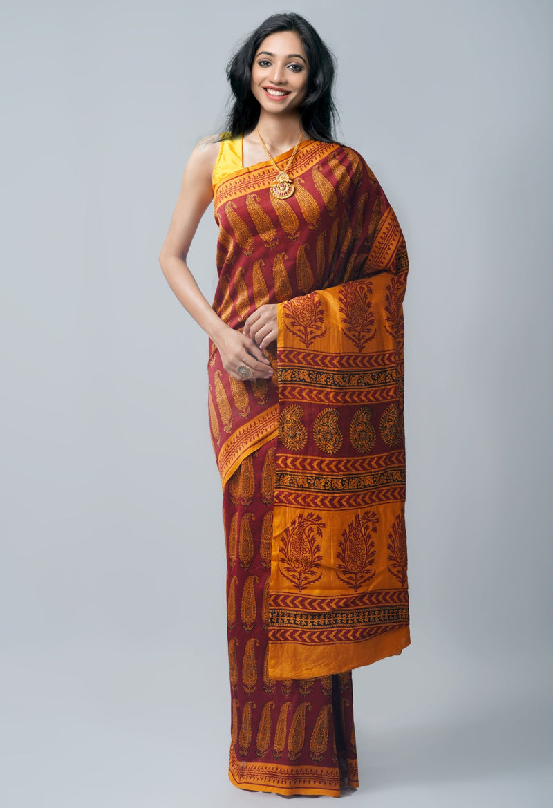 Online Shopping for Yellow Pure Bagh Chanderi Cotton Saree with Bagh from Madhya Pradesh at Unnatisilks.com India
