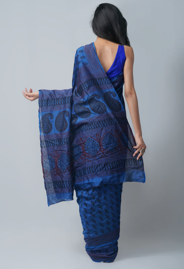 Online Shopping for Blue Pure Bagh Chanderi Cotton Saree with Hand Block Prints from Tamil Nadu at Unnatisilks.com India
