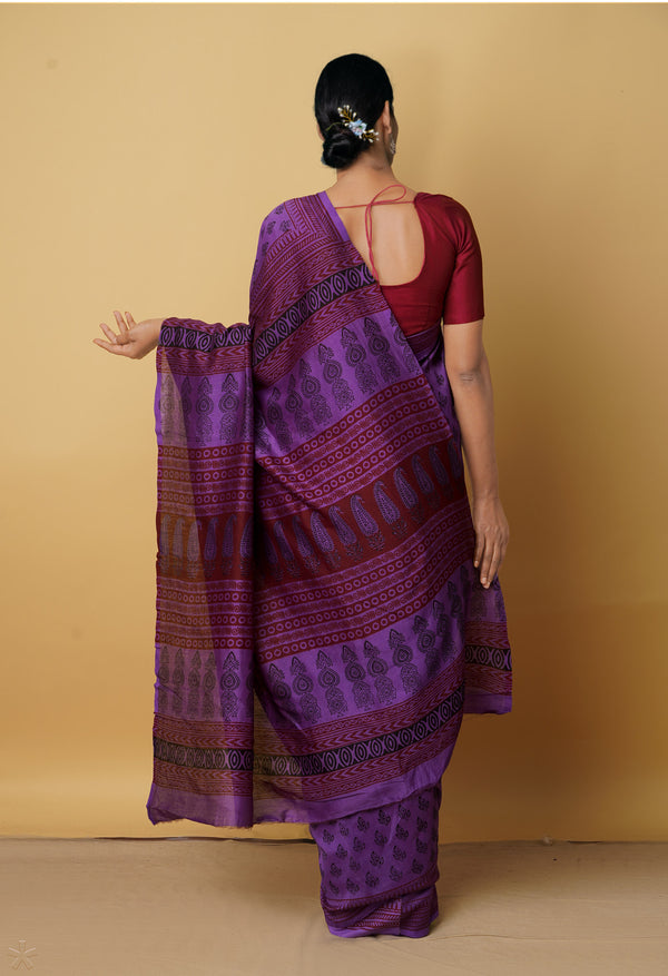 Violet Pure Bagh Chanderi Cotton Saree-UNM63457