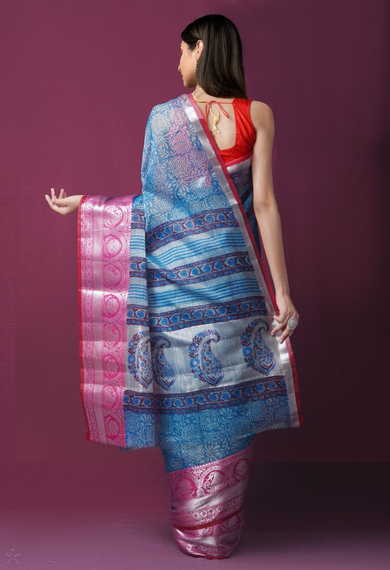 Online Shopping for Blue  Block printed Banarasi  Tissue Saree with Hand Block Prints from Punjab at Unnatisilks.com India
