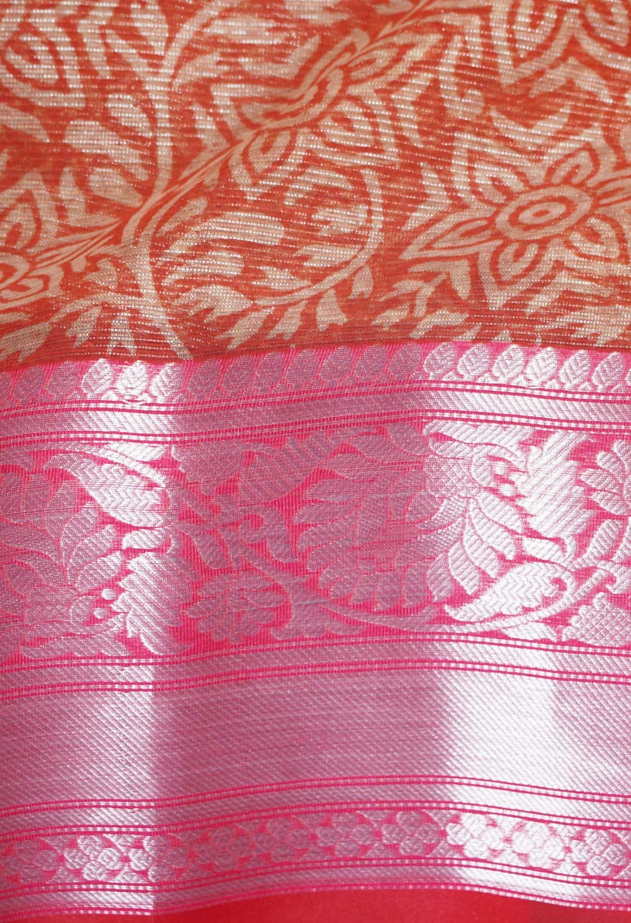 Orange  Block printed Banarasi  Tissue Saree-UNM63462