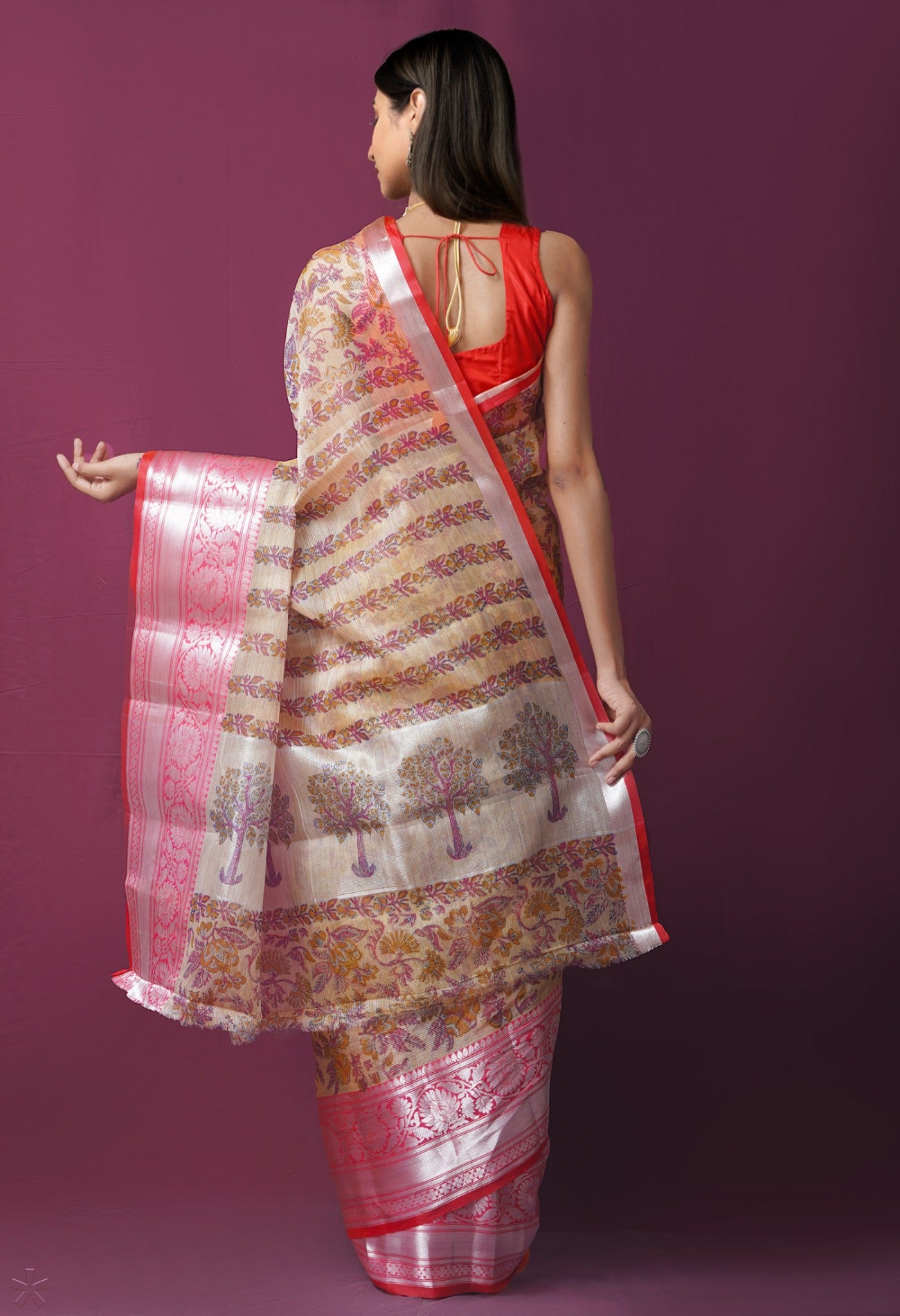 Online Shopping for Cream  Block printed Banarasi  Tissue Saree with Hand Block Prints from Punjab at Unnatisilks.com India
