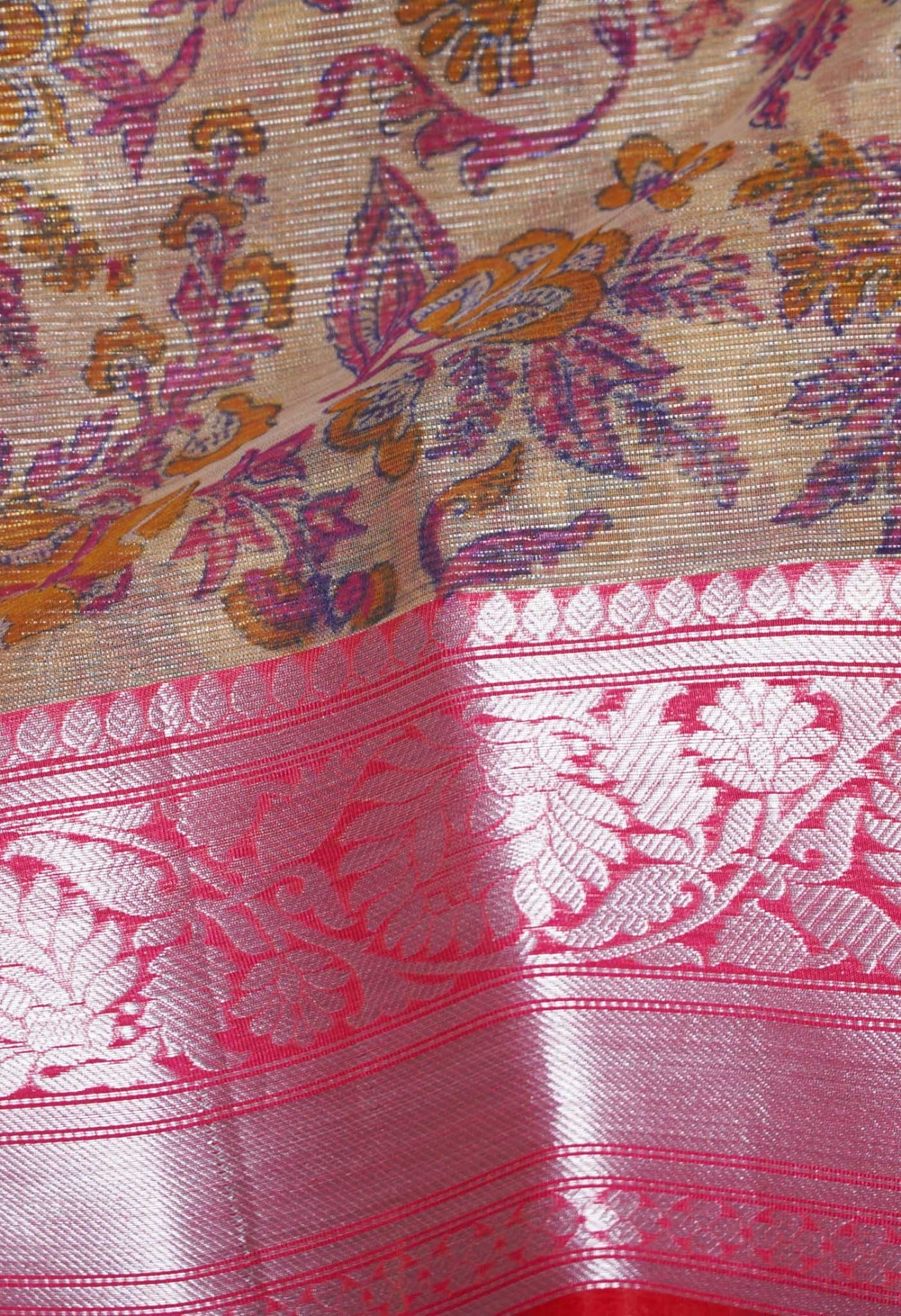 Cream  Block printed Banarasi  Tissue Saree-UNM63465