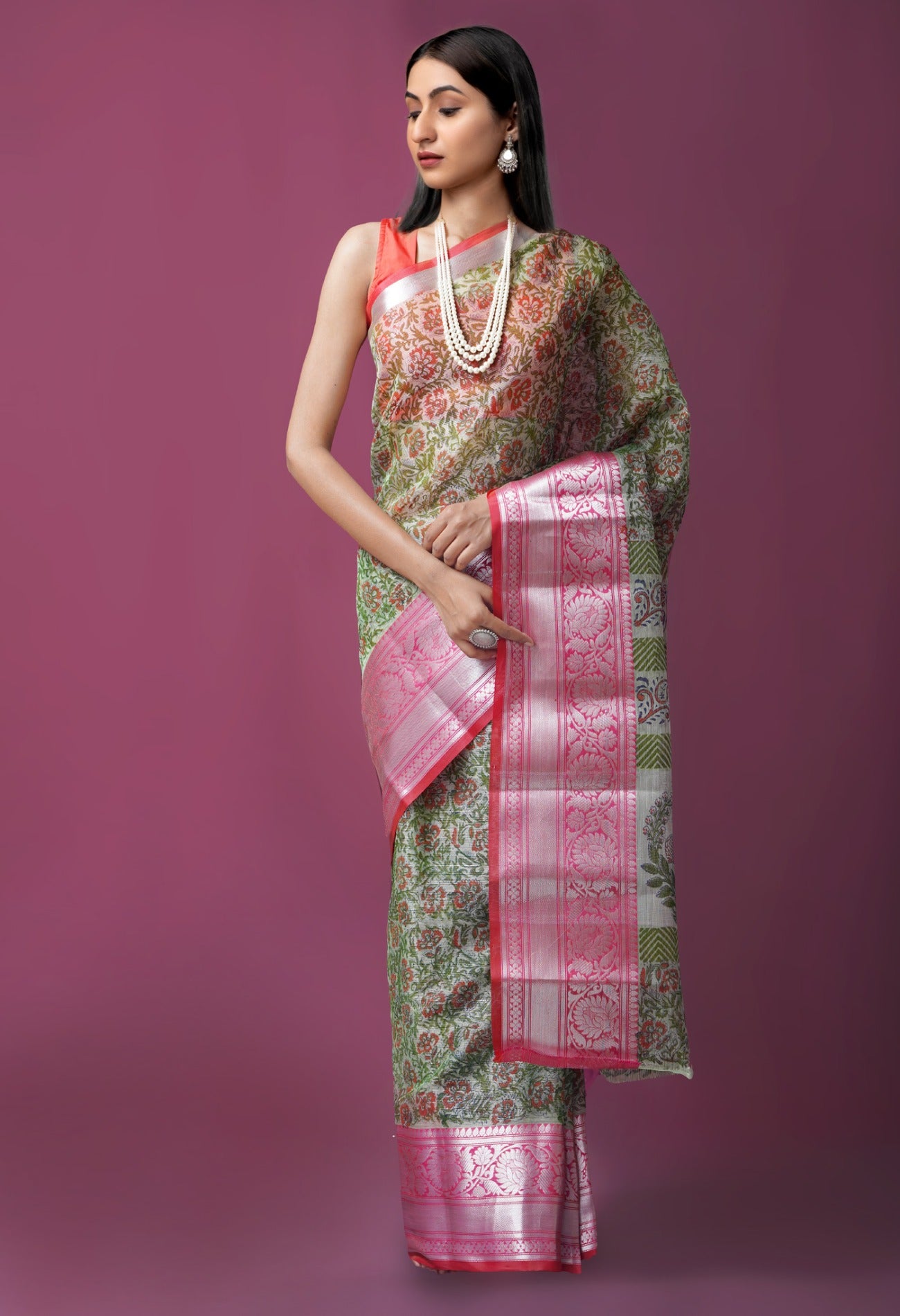 Online Shopping for Green  Block printed Banarasi  Tissue Saree with Hand Block Prints from Punjab at Unnatisilks.com India
