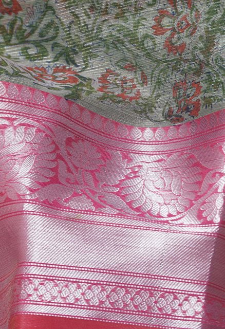 Online Shopping for Green  Block printed Banarasi  Tissue Saree with Hand Block Prints from Punjab at Unnatisilks.com India
