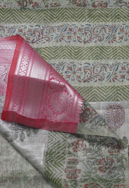 Green  Block printed Banarasi  Tissue Saree-UNM63469