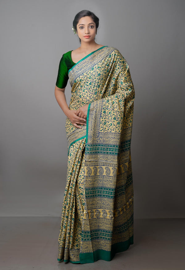 Cream Pure Block Printed Mulmul Cotton Saree-UNM63474