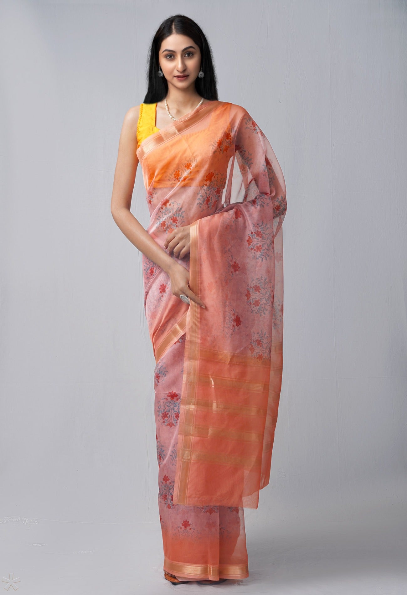 Online Shopping for Peach Orange  Digital Printed Organza Saree with Fancy/Ethnic Prints from Uttar Pradesh at Unnatisilks.com India
