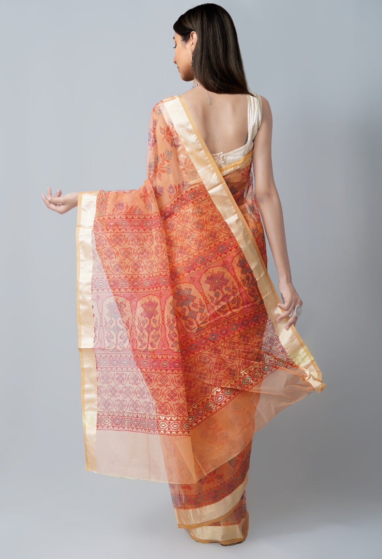 Online Shopping for Orange  Skin Printed  Organza Saree with Fancy/Ethnic Prints from Uttar Pradesh at Unnatisilks.com India
