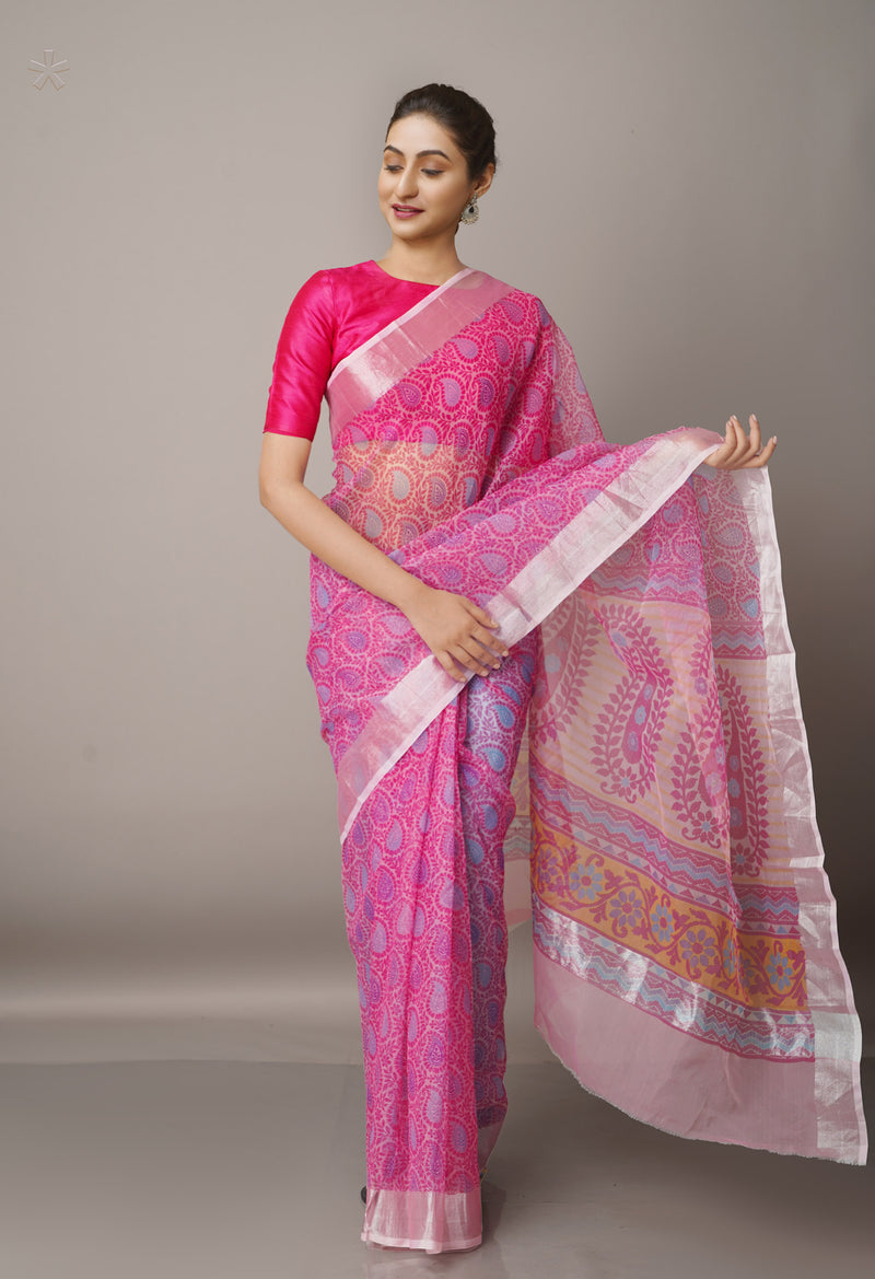 Pink  Screen Printed  Organza Saree-UNM63499