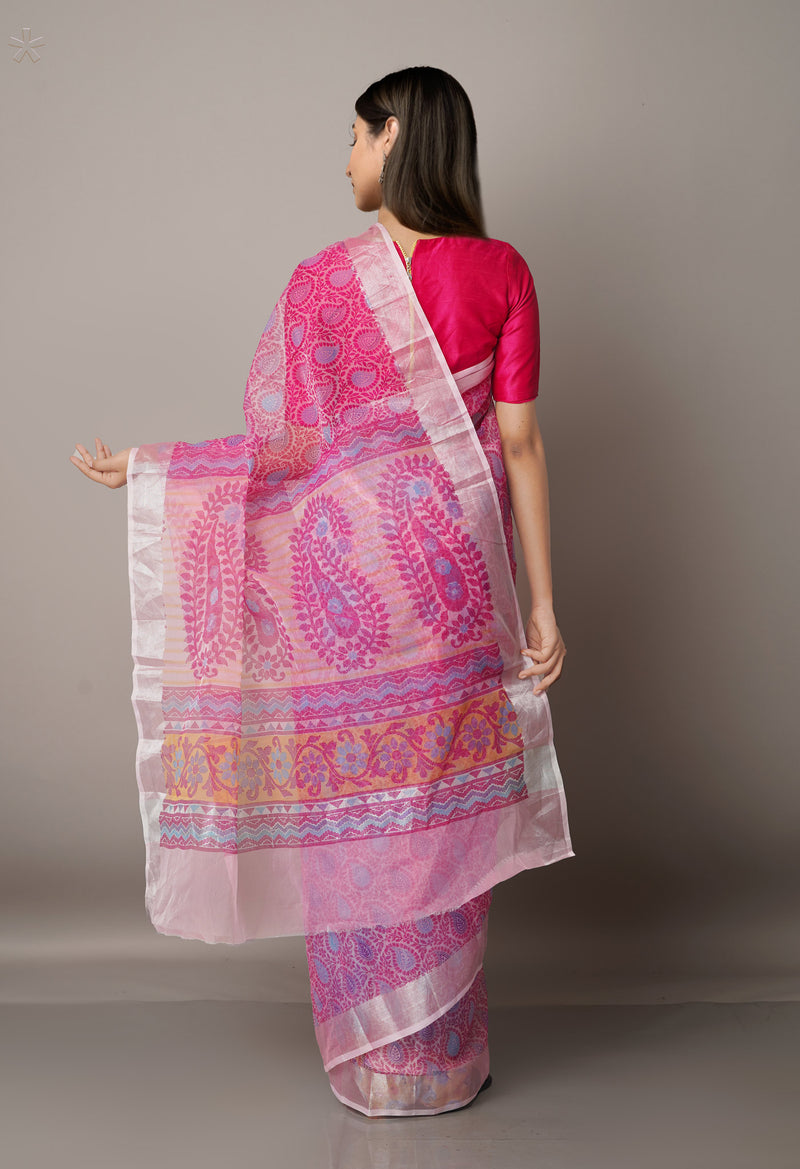 Pink  Screen Printed  Organza Saree-UNM63499