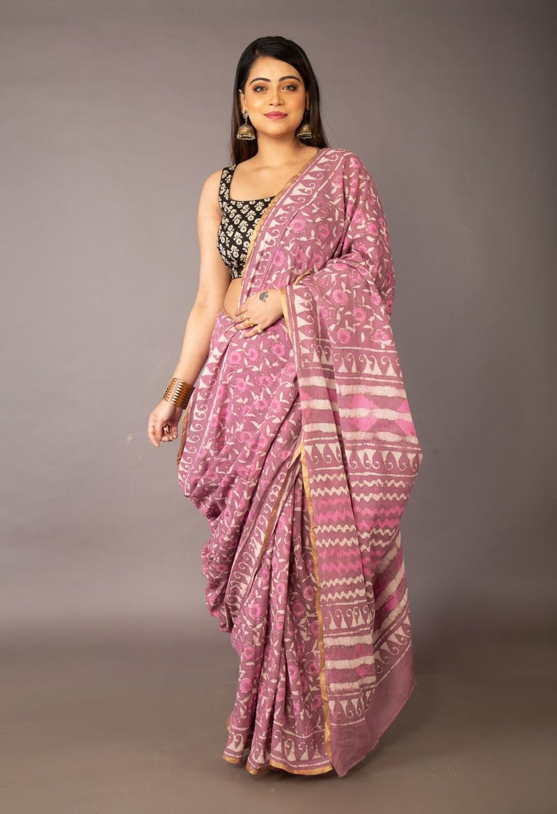 Online Shopping for Pink Pure Preet Dabu Mulmul Cotton Saree with Dabu from Rajasthan at Unnatisilks.com India
