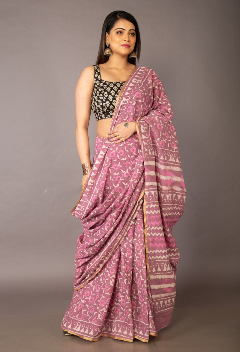 Online Shopping for Pink Pure Preet Dabu Mulmul Cotton Saree with Dabu from Rajasthan at Unnatisilks.com India
