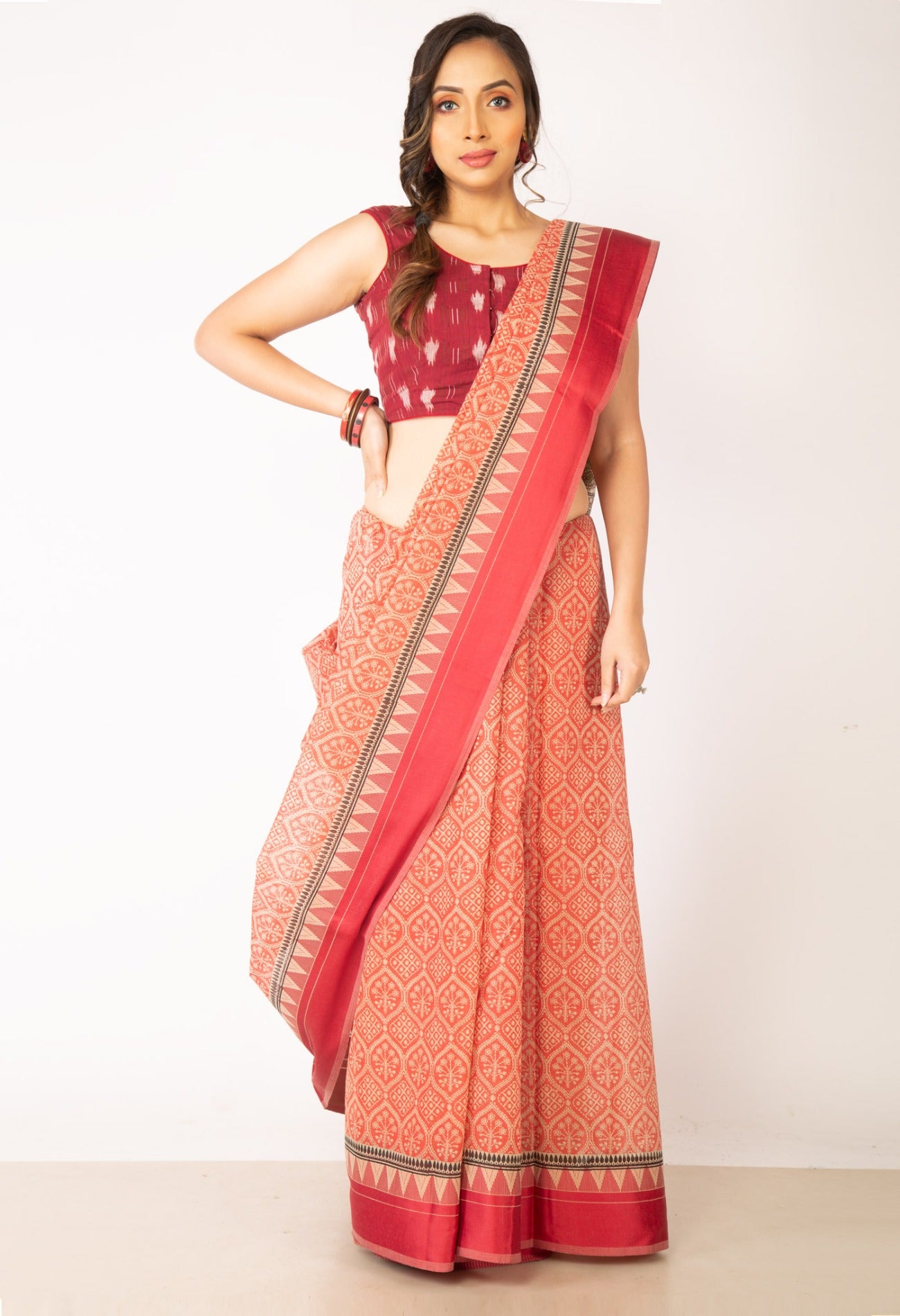 Online Shopping for Red  Skin Printed Chanderi Sico Saree with Fancy/Ethnic Prints from Madhya Pradesh at Unnatisilks.com India

