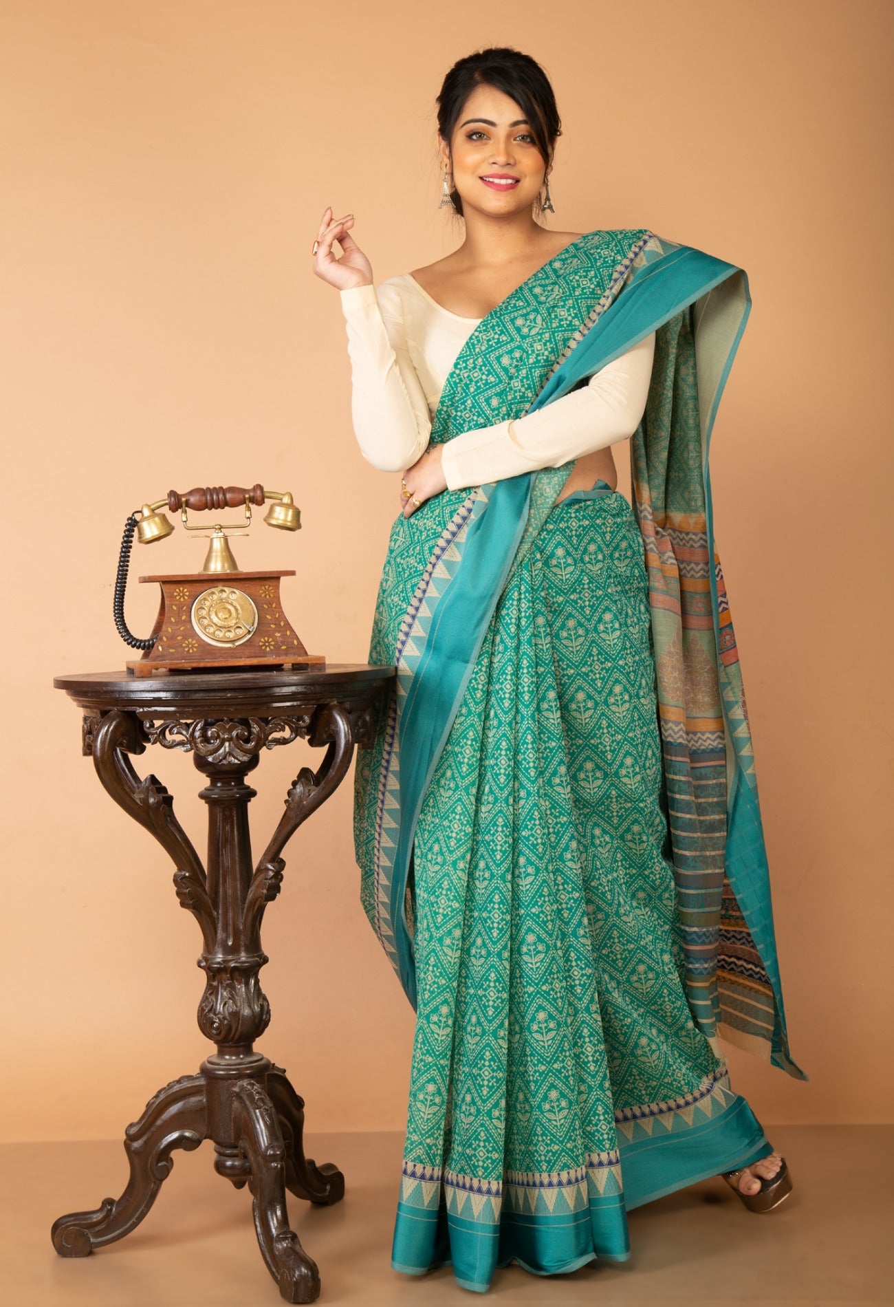 Online Shopping for Green  Skin Printed Chanderi Sico Saree with Fancy/Ethnic Prints from Madhya Pradesh at Unnatisilks.com India

