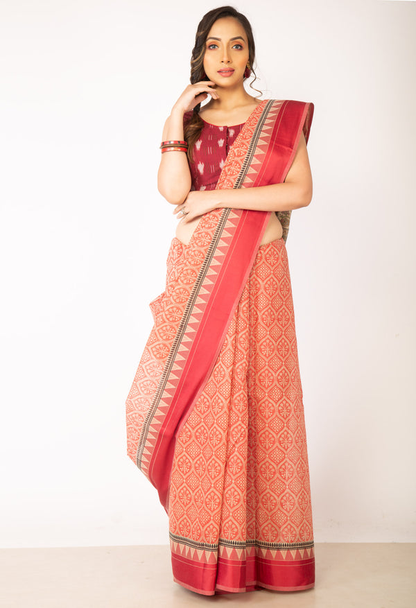 Red  Screen Printed Chanderi Sico Saree-UNM63536